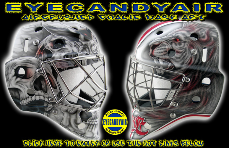 Custom airbrush painting by Goalie Mask Specialist- Steve Nash. Factory authorized custom goalie helmet and mask painter for Sportmask, Bauer, Vaughn, Pro's Choice, Pro-Masque and Warwick.