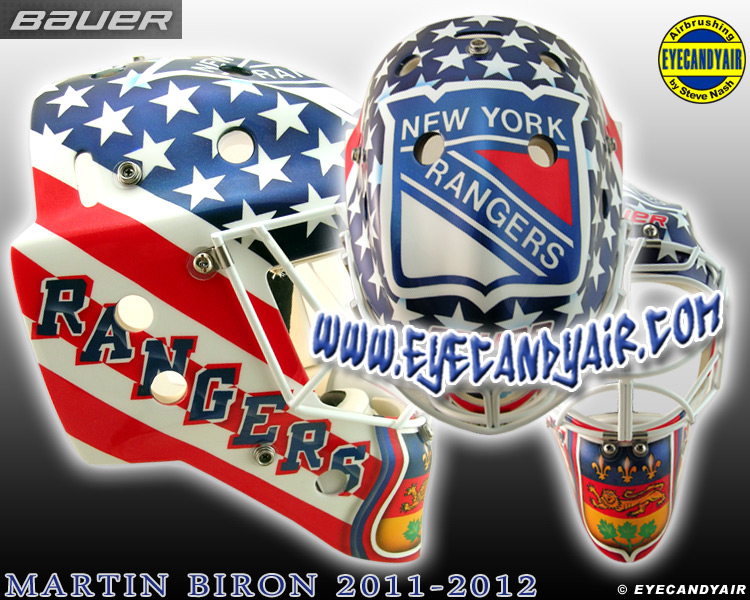 Martin Biron goalie mask 2011 Custom Painted New York Rangers goalie mask by Steve Nash of EYECANDYAIR