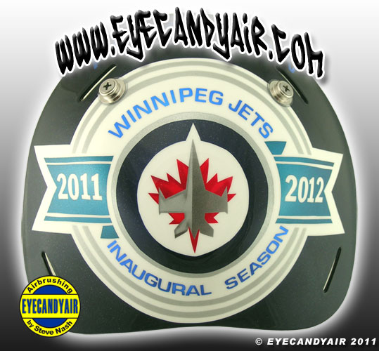 Chis Mason Winnipeg Jets inaugural Goalie Mask airbrushed by Steve Nash EYECANDYAIR on a Sportmask