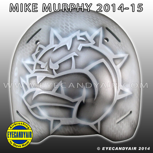 Mike Murphy custom painted DEC Bullsdogs EBEL goalie mask backplate by Steve Nash of EYECANDYAIR 2014