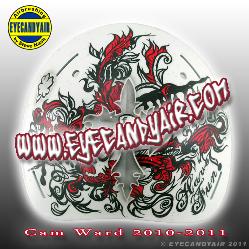 Cam Ward 2010-2011 Goalie Mask Backplate Painted by Mask Artist Steve Nash EYECANDYAIR on a Sportmask