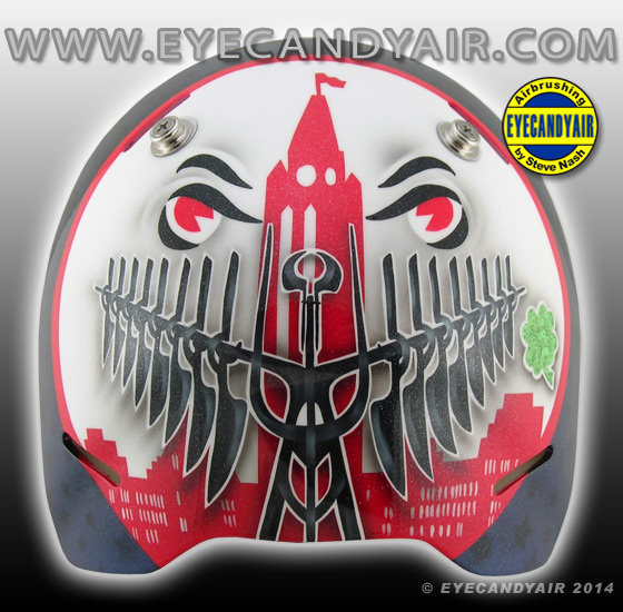 Custom goalie mask backplate airbrushed Barrie spirit catcher painted by Steve Nash EYECANDYAIR- Toronto artist