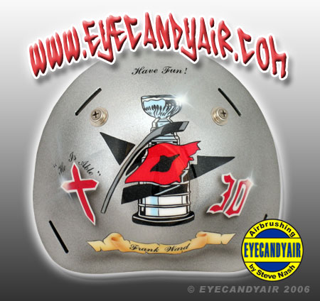 Airbrushed painted Cam Ward 2007 goalie mask backplate by EYECANDYAIR on a Sportmask