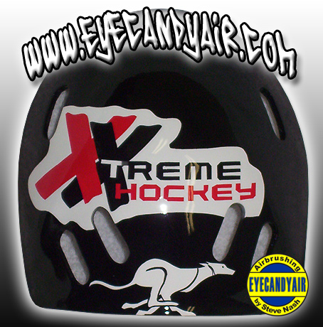 Custom Painted company theme logo airbrushed on an EDDYMASKS Goalie Mask Backplate Skullcap by EYECANDYAIR