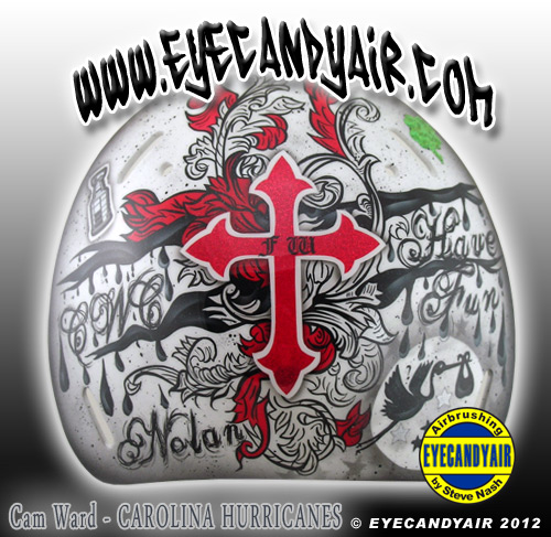 Cam Ward 2012 Goalie Mask Backplate custom airbrush Painted by artist Steve Nash EYECANDYAIR on Sportmask
