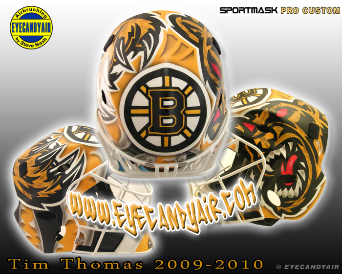 2009-2010 Tim Thomas Boston Bruins Beware of Bear Sportmask Mage RS Goalie Mask Airbrush Painted by Artist Steve Nash EYECANDYAIR- Toronto