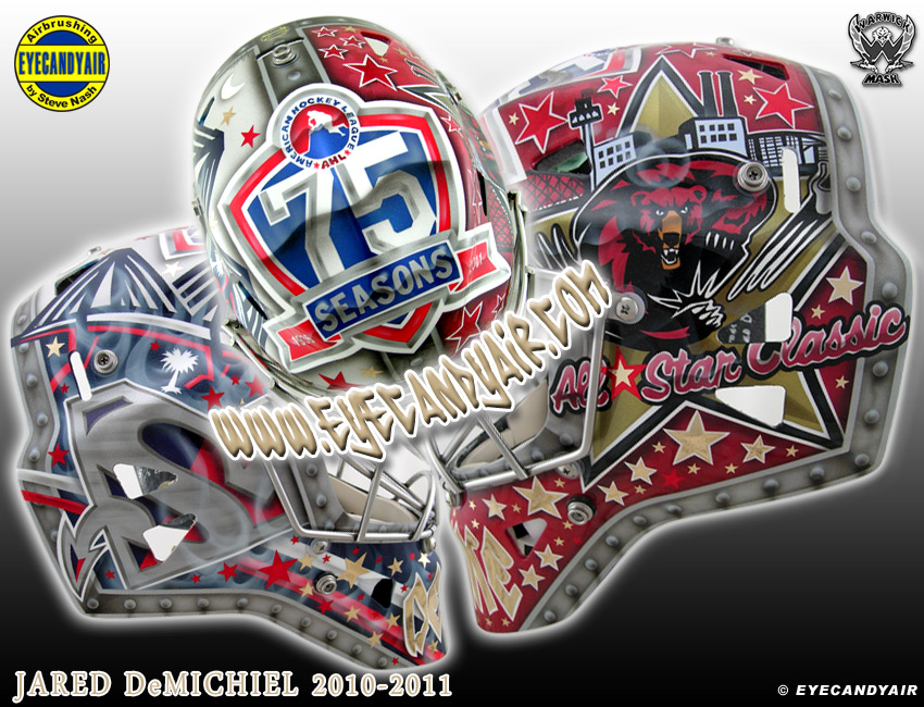 Jared DeMichiel 2010-2011 Custom Goalie Mask Airbrush Painted by Artist Steve Nash EYECANDYAIR on a Warwick