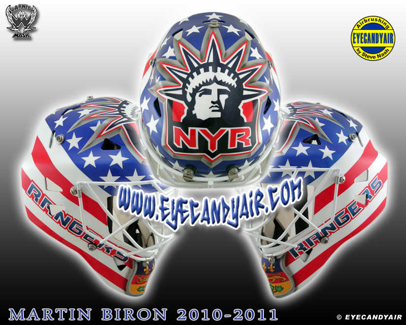 Martin Biron goalie mask NYR Warwick Custom Painted by Steve Nash of EYECANDYAIR