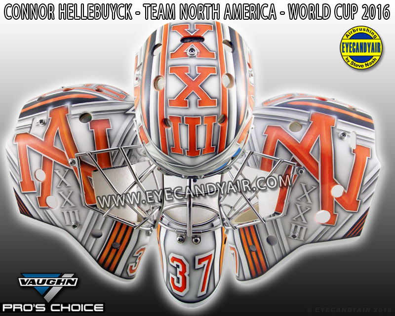 Connor Hellebuyck U23 Team North America World Cup of Hockey goaliemask airbrushed by EYECANDYAIR on a Vaughn made by Pros Choice