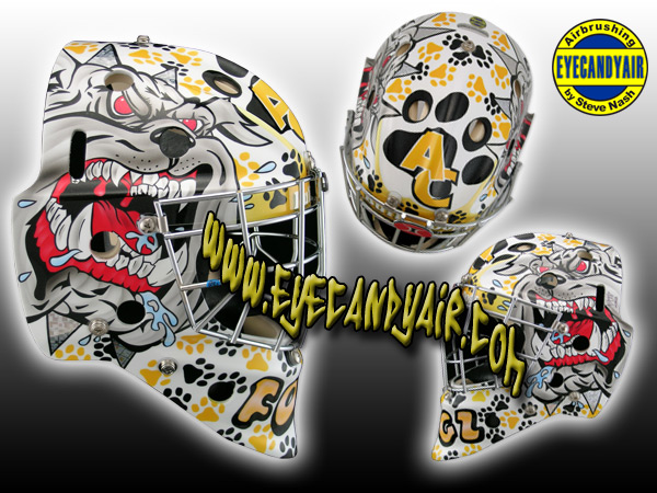 2009 brad fogal adrian college airbrushed painted Itech helmet goalie mask. Airbrushed goalie art by EYECANDYAIR toronto