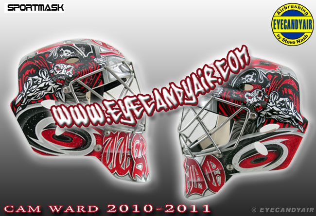 Cam Ward 2010-2011 Carolina Hurricanes Airbrushed Blackbeard Pirate Silver Goalie Mask Painted by Steve Nash EYECANDYAIR in Toronto on a Sportmask