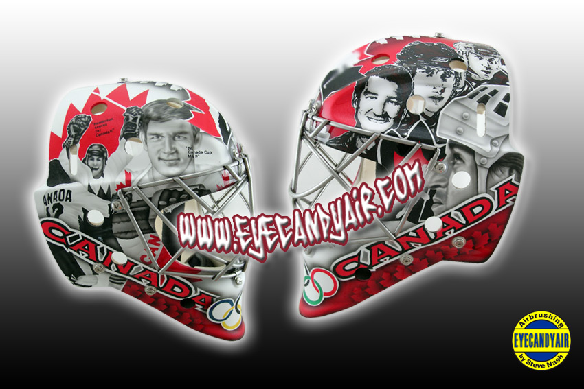 Canadian Hockey Legend Tribute Airbrushed Painted Goalie Mask Painted By Artist Steve Nash of EYECANDYAIR- Toronto, Canada