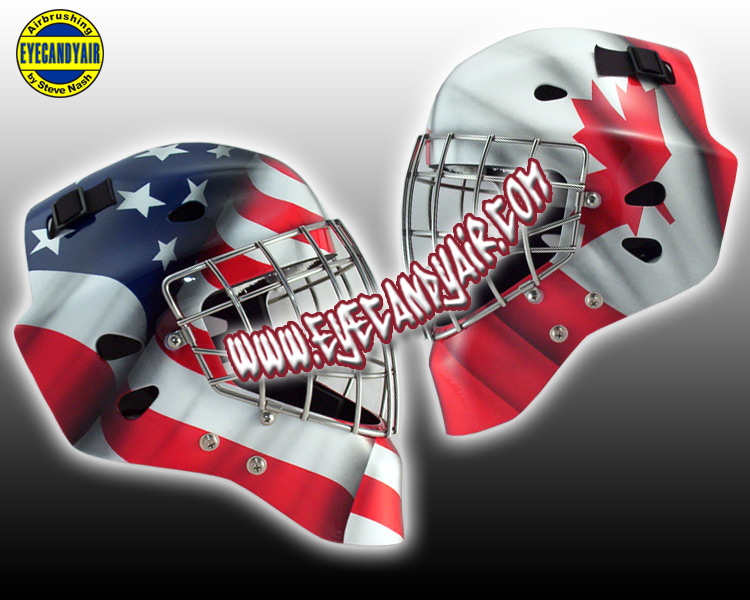 Airbrushed USA and Canadian Flag Custom Goalie Mask Design Painted