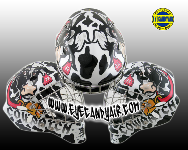 Custom Airbrushed cow Sportmask Goalie Mask Painted By Steve Nash of EYECANDYAIR