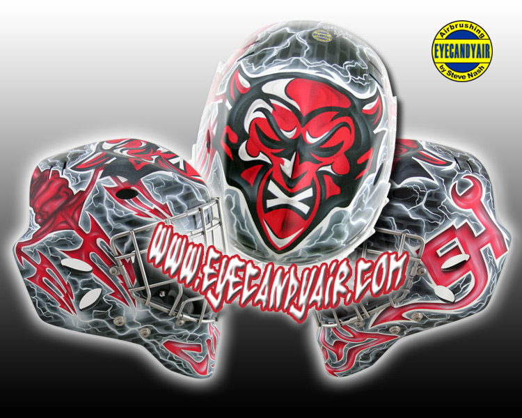 Custom devil Goalie Mask Airbrush Painting by Artist Steve Nash EYECANDYAIR- Toronto
