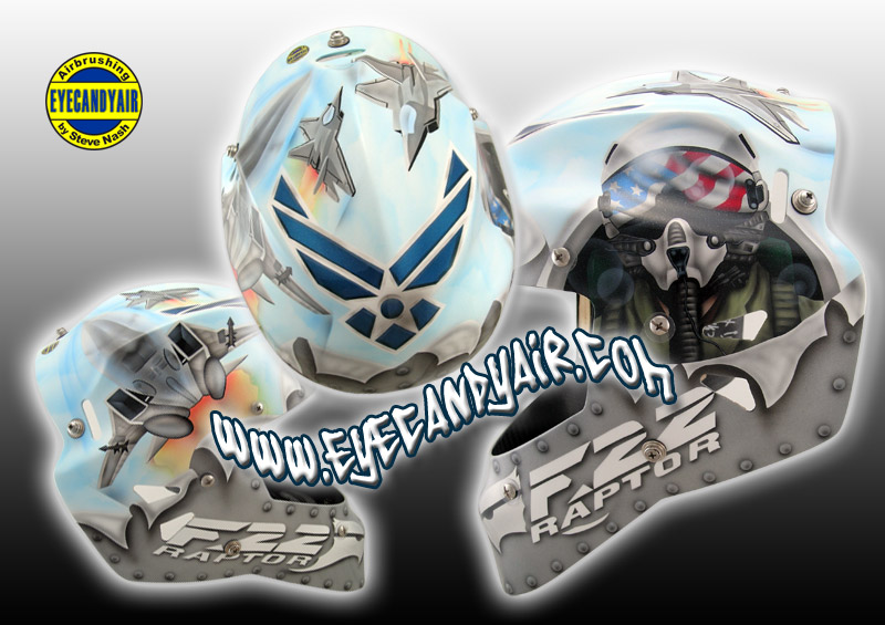 F22 Fighter pilot airbrushed Quantum Goalie mask Painted by Steve Nash EYECANDYAIR- Toronto mask artist