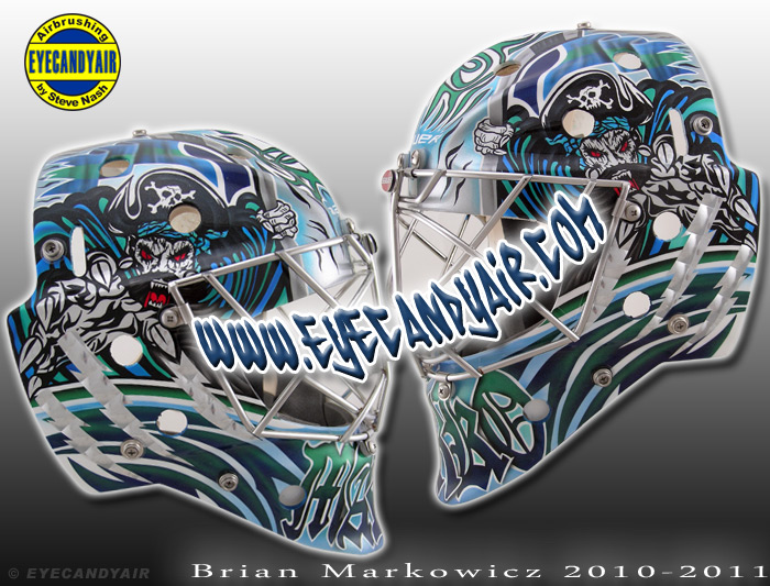 Brian Markowicz Florida Everblades Airbrushed Pirate Goalie Mask Painted by Steve Nash of EYECANDYAIR in Toronto on a Sportmask
