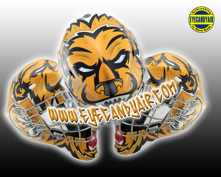 Grizzly bear theme custom airbrushed painted Sportmask goalie mask helmet art by EYECANDYAIR Canada