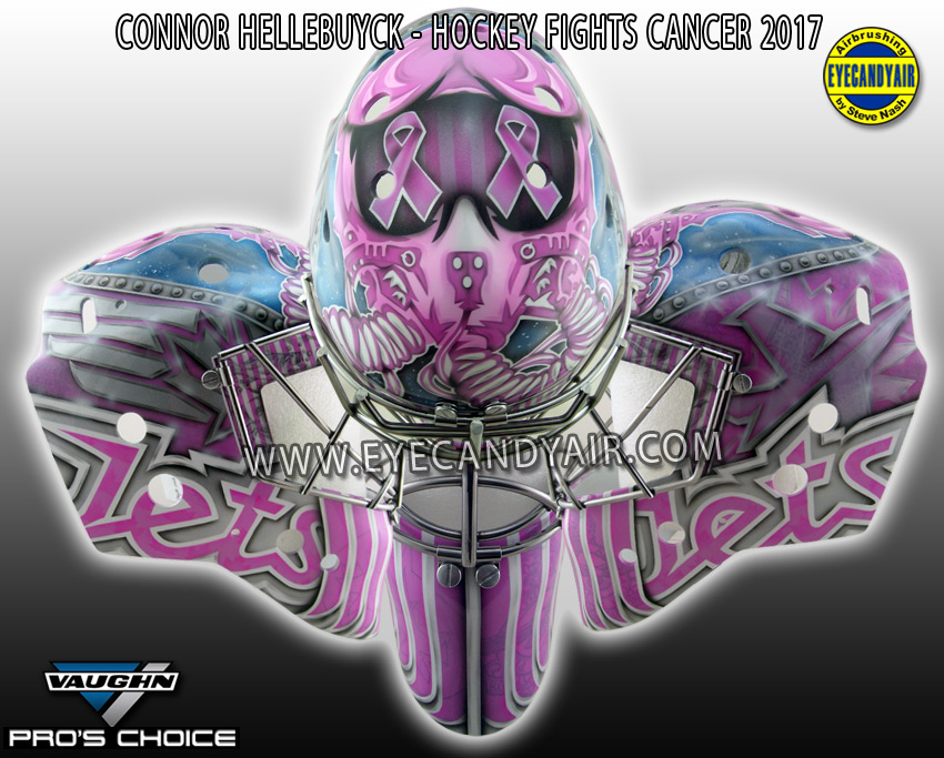 Connor Hellebuyck Winnipeg Jets 2017 Hockey Fights Cancer goaliemask airbrushed by EYECANDYAIR on a Vaughn made by Pros Choice