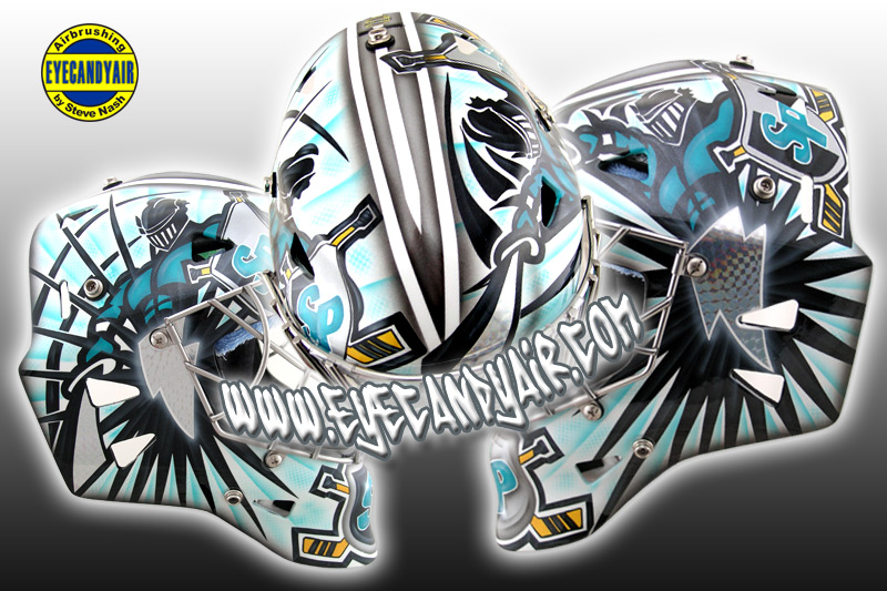 custom airbrushed Eddymask Sherwood Park Knights goalie mask painted by EYECANDYAIR