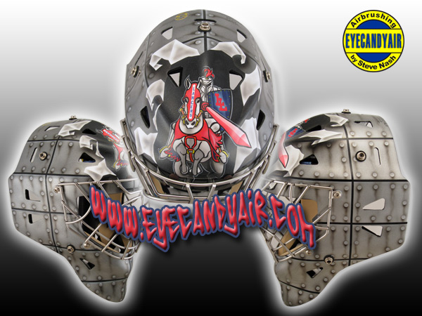 airbrushed eddymask lancers metal rivet wall helmet goalie mask painted by EYECANDYAIR toronto