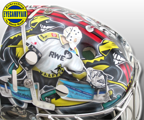 Nathan Marsters Airbrushed Portrait Goalie Mask tribute by Steve Nash of EYECANDYAIR  on a bauer