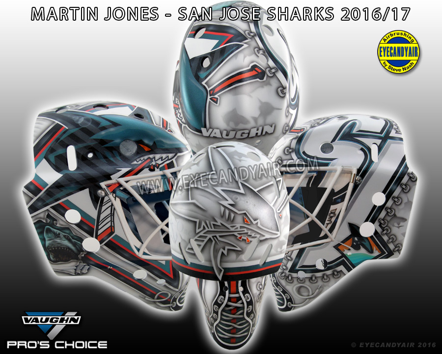 Martin Jones San Jose Sharks goalie mask airbrushed by EYECANDYAIR in 2016 on A Vaughn made by Pros Choice