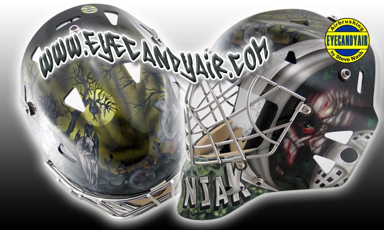 Nightmare theme airbrushed goalie mask Custom painted by EYECANDYAIR