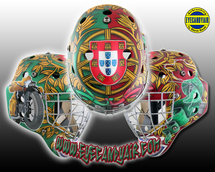 Custom Airbrush Painted Portuguese  Goalie Mask on an Eddymask by EYECANDYAIR