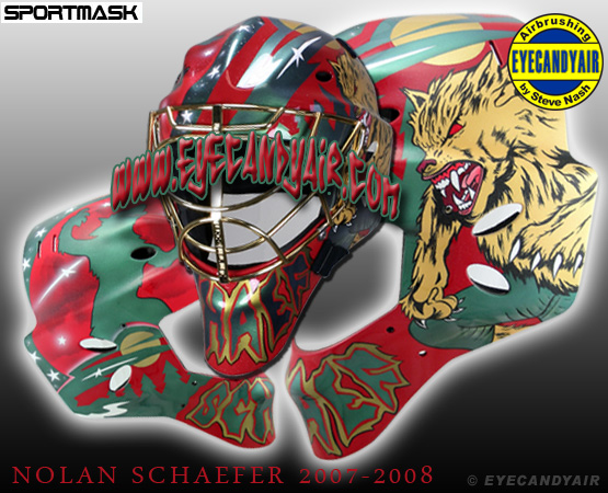 Nolan Schaefer Houston Aeros Werewolf 2007 airbrush painted goalie mask EYECANDYAIR