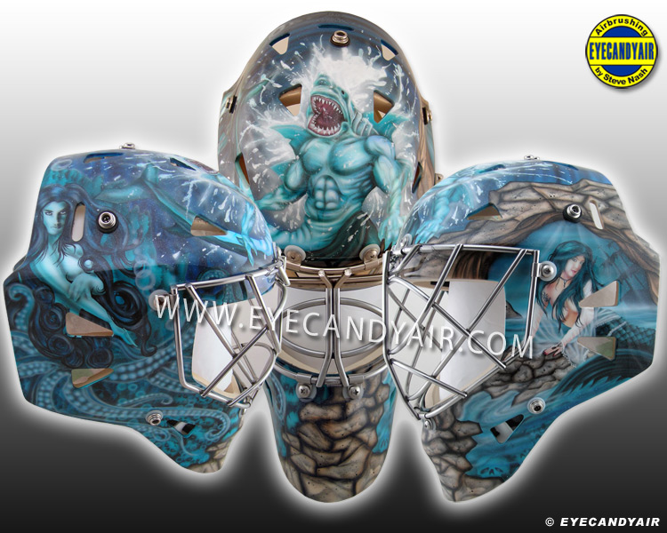 Sharkman and Mermaid Goalie Mask custom Airbrush Painted by EYECANDYAIR