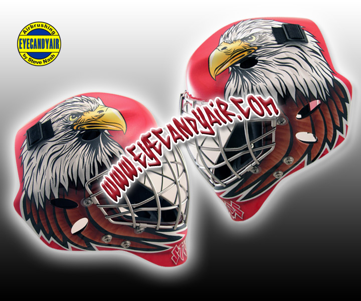 Professionally Airbrushed Hawk Sportmask Goalie Mask Helmet Painted By Steve Nash of EYECANDYAIR- Toronto, Canada