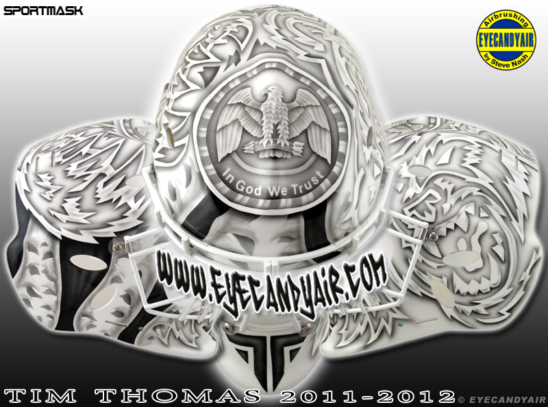 Tim Thomas Black and White Bear in god we trust goalie mask Airbrushed Sportmask Mage by EYECANDYAIR