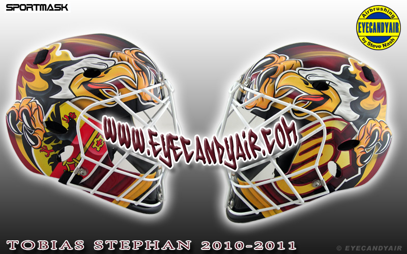 Tobias Stephan goalie mask 2010-2011 Geneve Servette Switzerland custom airbrushed painted by EYECANDYAIR on a Sportmask Mage RS