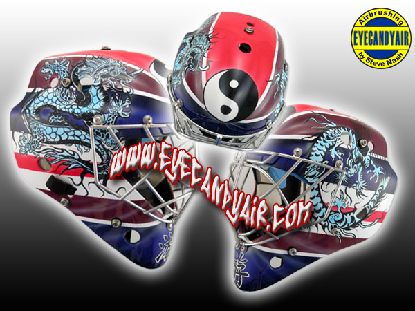 YinYang Dragon theme painted Itech Goalie Mask art by EYECANDYAIR